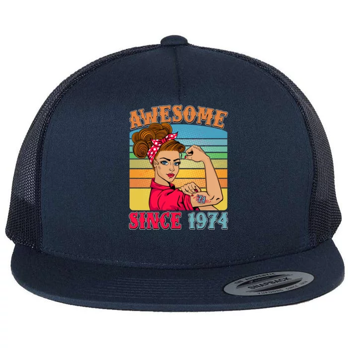 Awesome Since 1974 50th Birthday Messy Bun Rosie The Riveter Flat Bill Trucker Hat