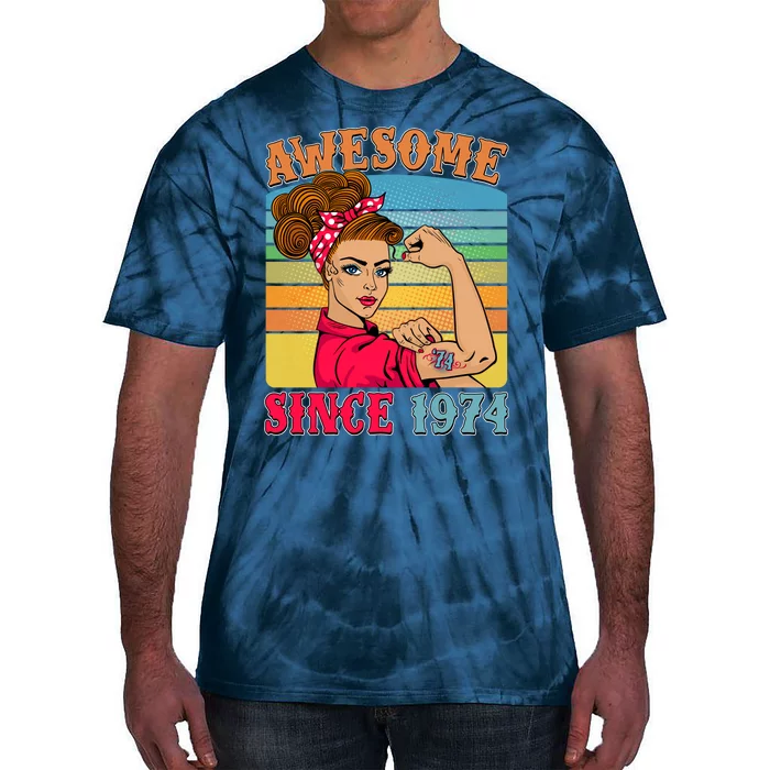 Awesome Since 1974 50th Birthday Messy Bun Rosie The Riveter Tie-Dye T-Shirt