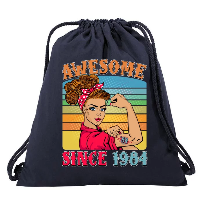 Awesome Since 1984 40th Birthday Messy Bun Rosie The Riveter Drawstring Bag