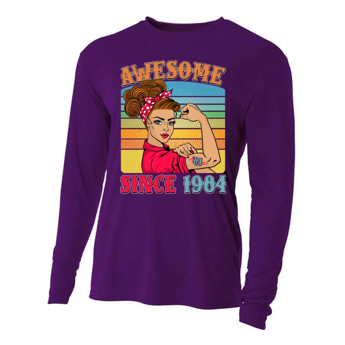 Awesome Since 1984 40th Birthday Messy Bun Rosie The Riveter Cooling Performance Long Sleeve Crew