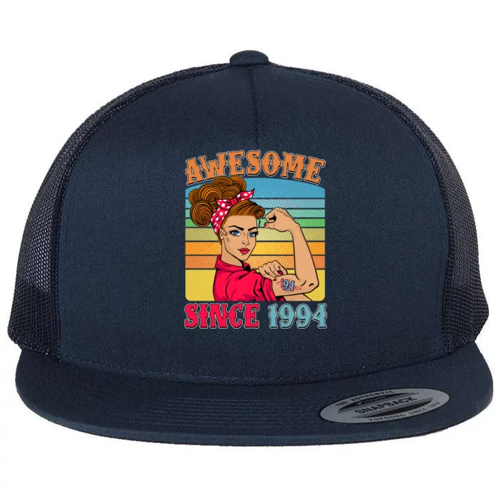 Awesome Since 1994 30th Birthday Messy Bun Rosie The Riveter Flat Bill Trucker Hat