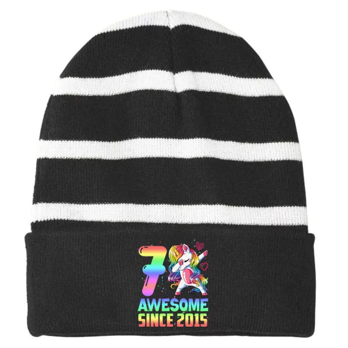 Awesome Since 2015 Unicorn 7th Birthday 7 Years Old Striped Beanie with Solid Band