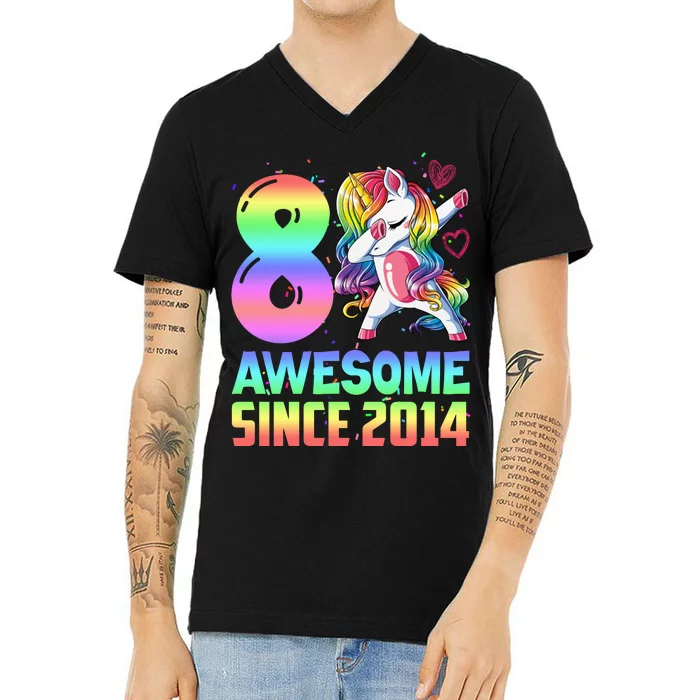 Awesome Since 2014 Unicorn 8th Birthday 8 Years Old V-Neck T-Shirt