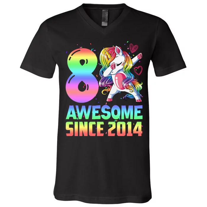 Awesome Since 2014 Unicorn 8th Birthday 8 Years Old V-Neck T-Shirt