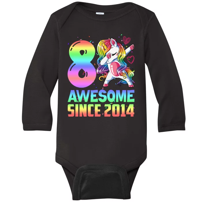 Awesome Since 2014 Unicorn 8th Birthday 8 Years Old Baby Long Sleeve Bodysuit