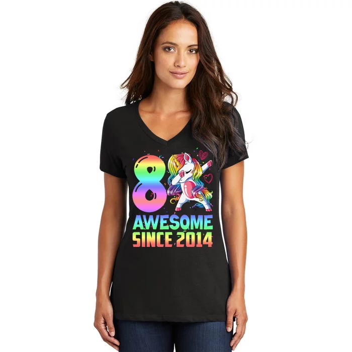 Awesome Since 2014 Unicorn 8th Birthday 8 Years Old Women's V-Neck T-Shirt