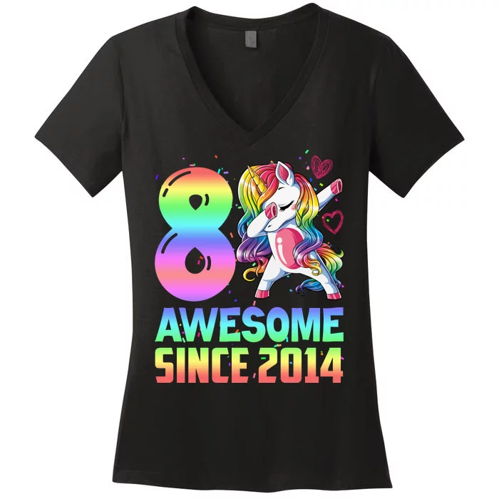 Awesome Since 2014 Unicorn 8th Birthday 8 Years Old Women's V-Neck T-Shirt