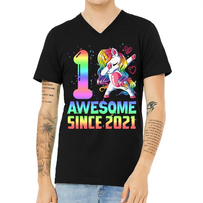 Awesome Since 2021 Unicorn 1st Birthday One Years Old V-Neck T-Shirt