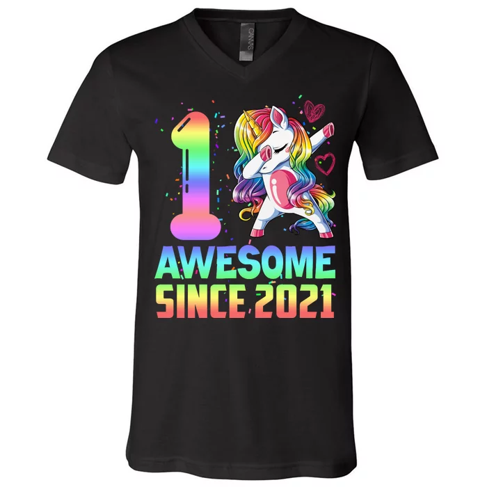 Awesome Since 2021 Unicorn 1st Birthday One Years Old V-Neck T-Shirt