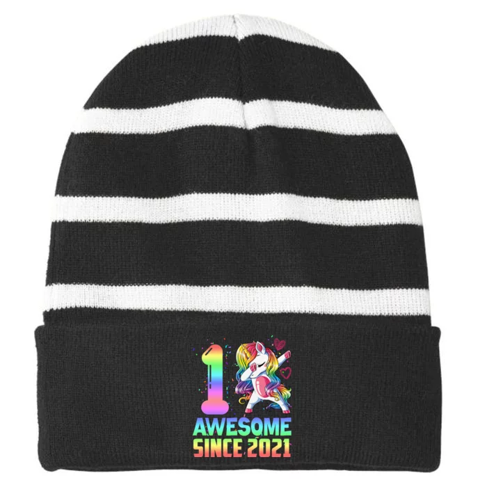 Awesome Since 2021 Unicorn 1st Birthday One Years Old Striped Beanie with Solid Band