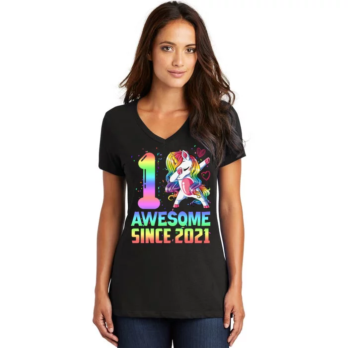 Awesome Since 2021 Unicorn 1st Birthday One Years Old Women's V-Neck T-Shirt