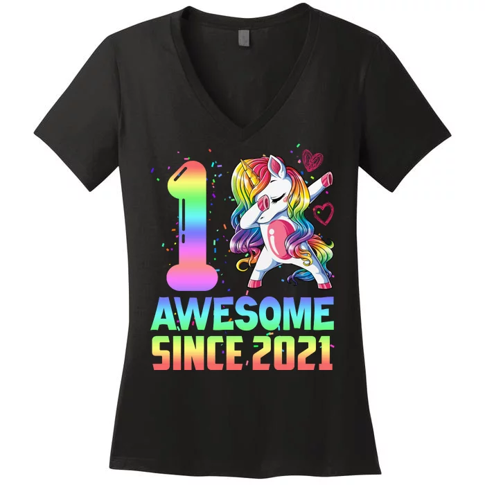 Awesome Since 2021 Unicorn 1st Birthday One Years Old Women's V-Neck T-Shirt