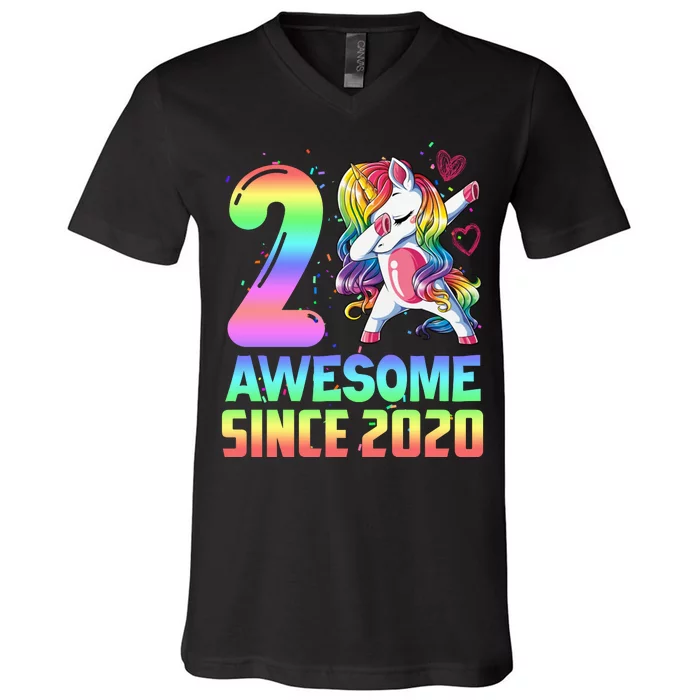 Awesome Since 2020 Unicorn 2nd Birthday 2 Years Old V-Neck T-Shirt