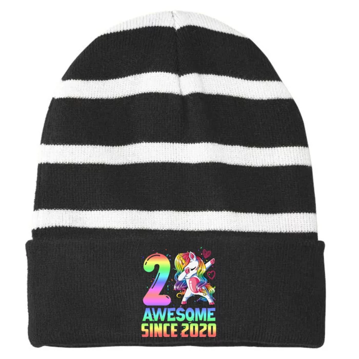 Awesome Since 2020 Unicorn 2nd Birthday 2 Years Old Striped Beanie with Solid Band