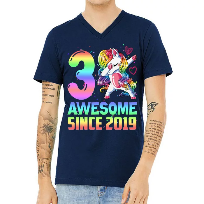 Awesome Since 2019 Unicorn 3rd Birthday 3 Years Old V-Neck T-Shirt