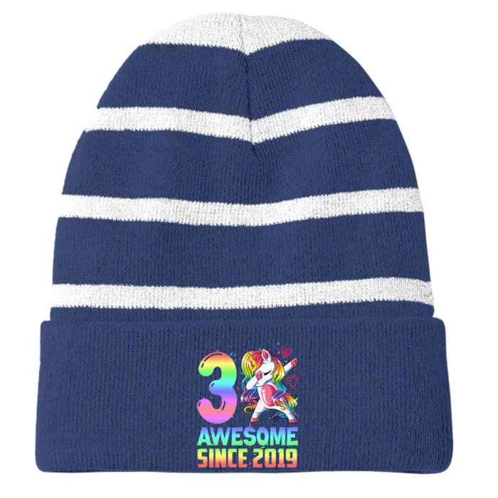 Awesome Since 2019 Unicorn 3rd Birthday 3 Years Old Striped Beanie with Solid Band