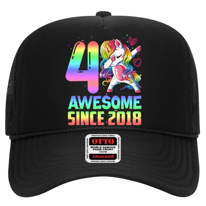 Awesome Since 2018 Unicorn 4th Birthday 4 Years Old High Crown Mesh Trucker Hat