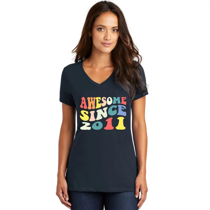 Awesome Since 2011 11 Years Old 11th Birthday Groovy Retro Women's V-Neck T-Shirt