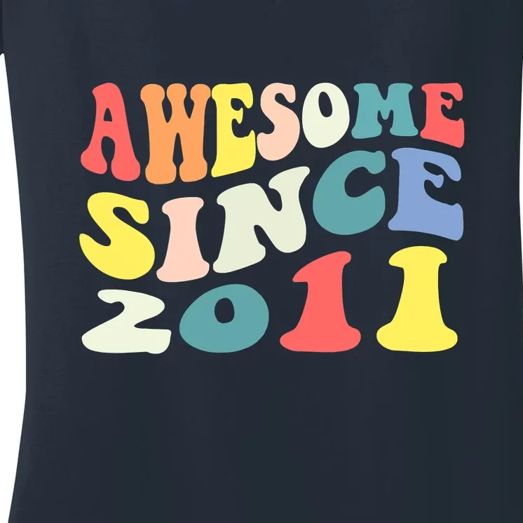 Awesome Since 2011 11 Years Old 11th Birthday Groovy Retro Women's V-Neck T-Shirt