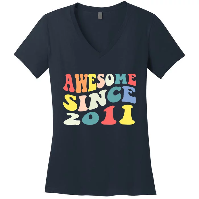 Awesome Since 2011 11 Years Old 11th Birthday Groovy Retro Women's V-Neck T-Shirt