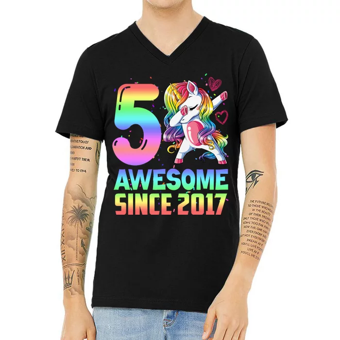 Awesome Since 2017 Unicorn 5th Birthday 5 Years Old V-Neck T-Shirt