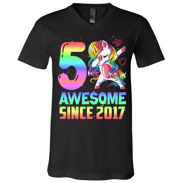 Awesome Since 2017 Unicorn 5th Birthday 5 Years Old V-Neck T-Shirt