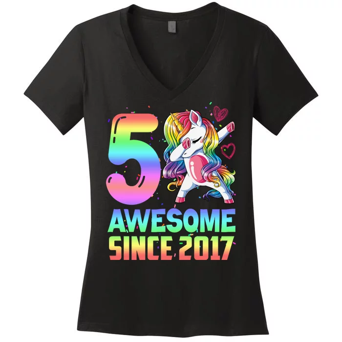 Awesome Since 2017 Unicorn 5th Birthday 5 Years Old Women's V-Neck T-Shirt