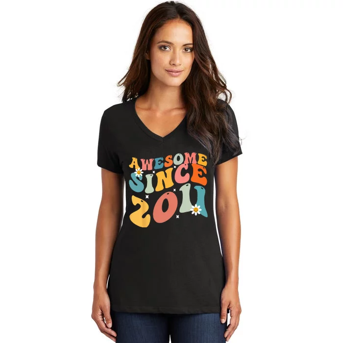 Awesome Since 2011 12 Years Old 12th Birthday Groovy Retro Women's V-Neck T-Shirt