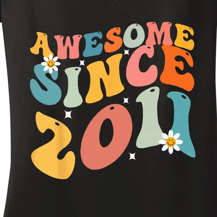 Awesome Since 2011 12 Years Old 12th Birthday Groovy Retro Women's V-Neck T-Shirt