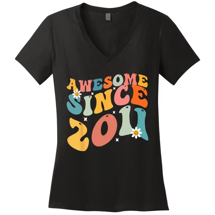 Awesome Since 2011 12 Years Old 12th Birthday Groovy Retro Women's V-Neck T-Shirt