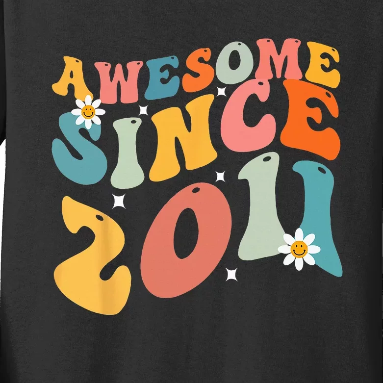 Awesome Since 2011 12 Years Old 12th Birthday Groovy Retro Kids Long Sleeve Shirt