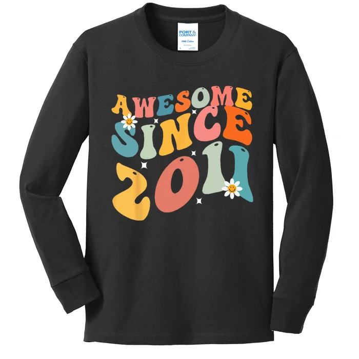 Awesome Since 2011 12 Years Old 12th Birthday Groovy Retro Kids Long Sleeve Shirt