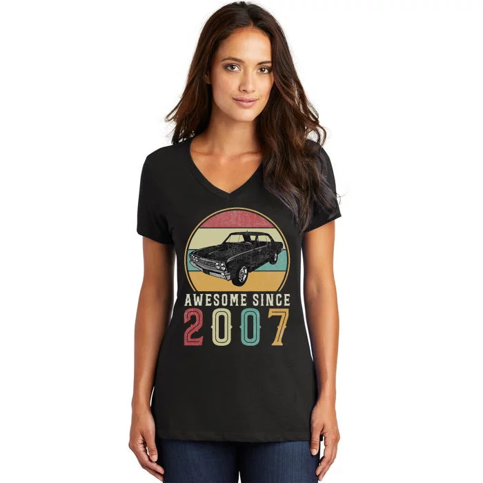 Awesome Since 2007 16 Years Old 16th Birthday For Car Lover Women's V-Neck T-Shirt