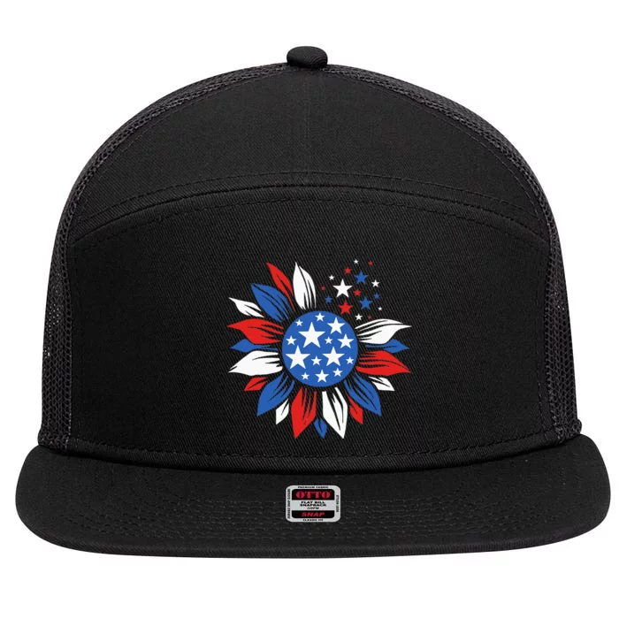 America Sunflower 4th Of July Patriotic American 7 Panel Mesh Trucker Snapback Hat