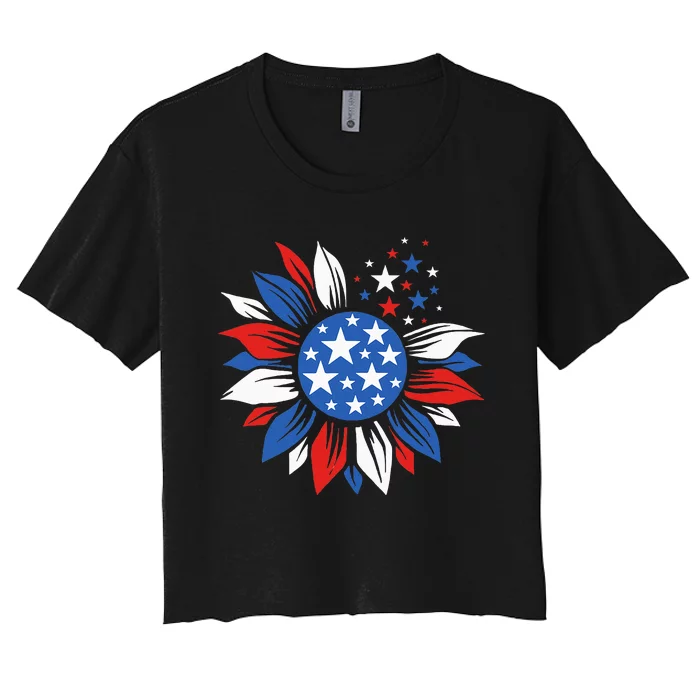 America Sunflower 4th Of July Patriotic American Women's Crop Top Tee