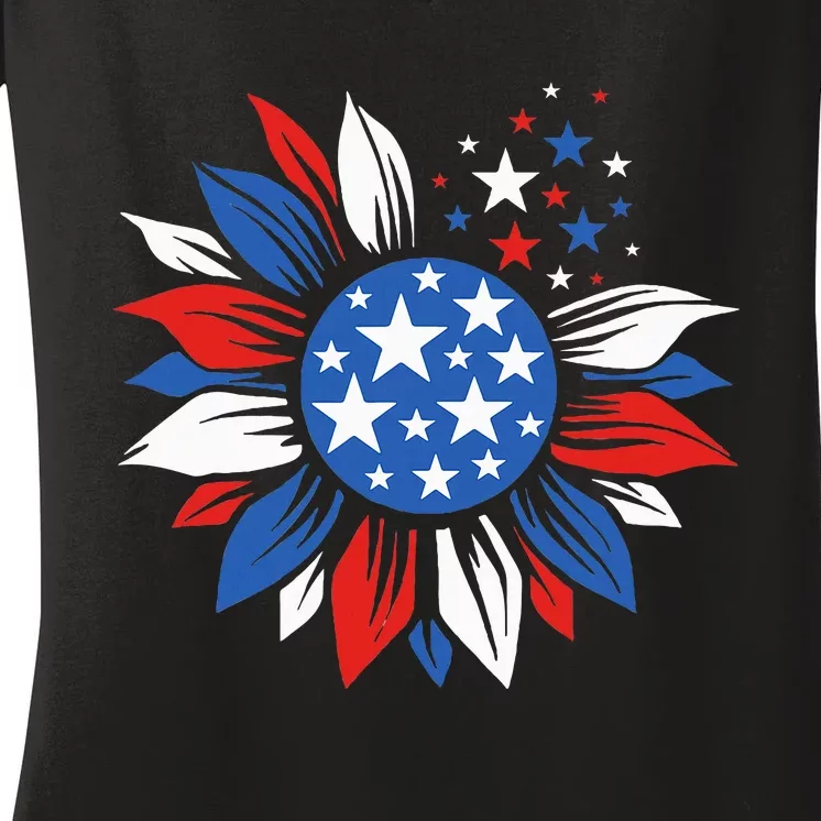 America Sunflower 4th Of July Patriotic American Women's V-Neck T-Shirt