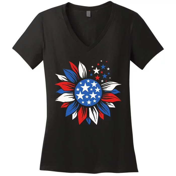 America Sunflower 4th Of July Patriotic American Women's V-Neck T-Shirt