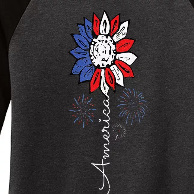 America Sunflower 4th Of July Independence Day Patriotic Women's Tri-Blend 3/4-Sleeve Raglan Shirt