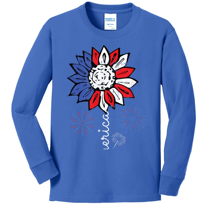 America Sunflower 4th Of July Patriotic Funny Gift Kids Long Sleeve Shirt