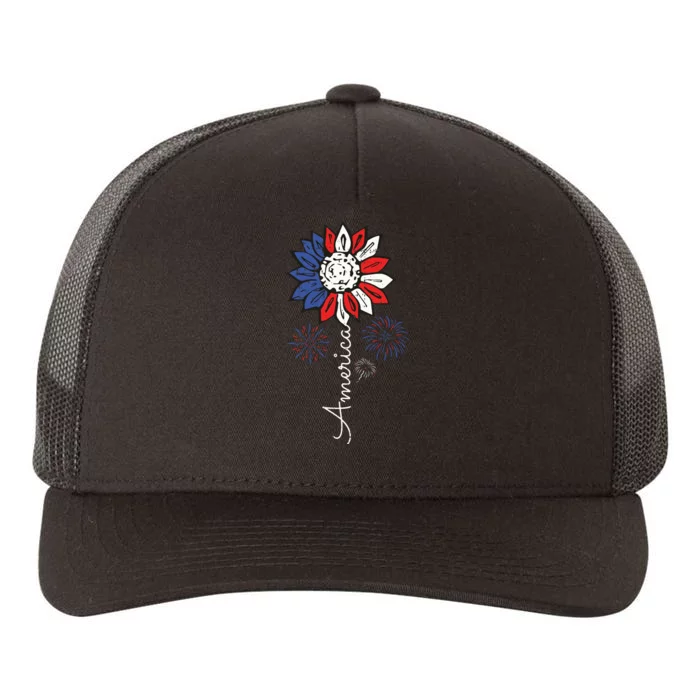 America Sunflower 4th Of July Independence Day Patriotic Yupoong Adult 5-Panel Trucker Hat