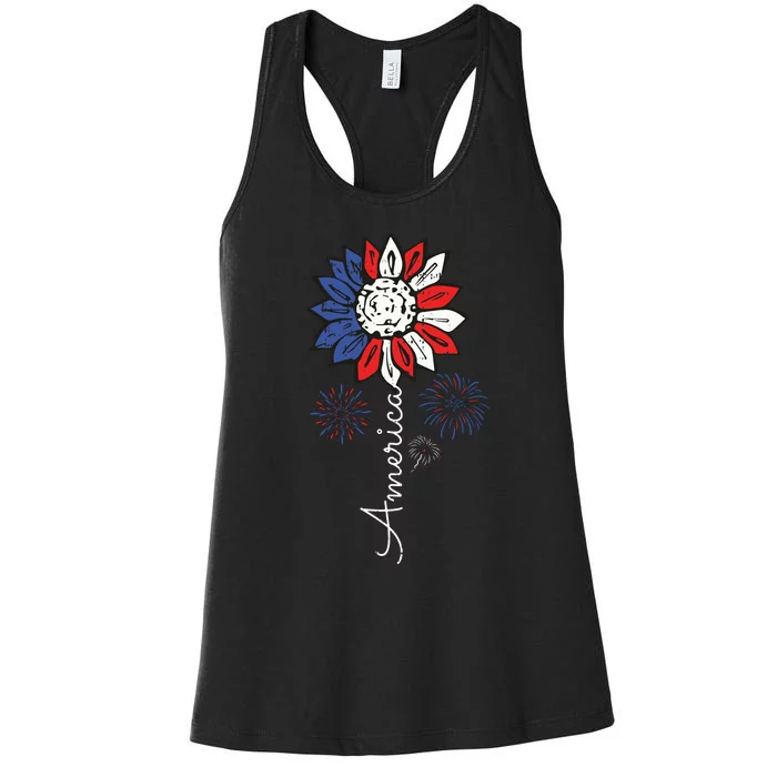 America Sunflower 4th Of July Independence Day Patriotic Women's Racerback Tank