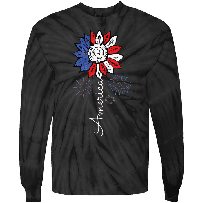 America Sunflower 4th Of July Independence Day Patriotic Tie-Dye Long Sleeve Shirt