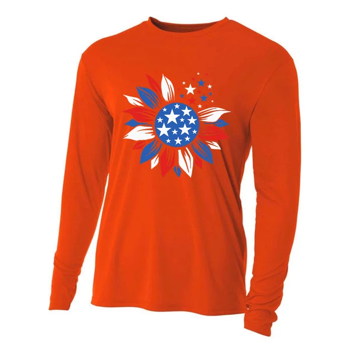 America Sunflower 4th Of July Patriotic American Cooling Performance Long Sleeve Crew