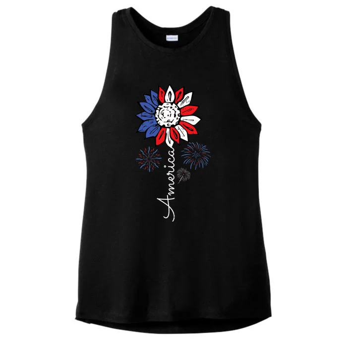 America Sunflower 4th Of July Independence Day Patriotic Ladies Tri-Blend Wicking Tank