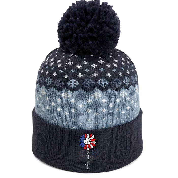 America Sunflower 4th Of July Independence Day Patriotic The Baniff Cuffed Pom Beanie