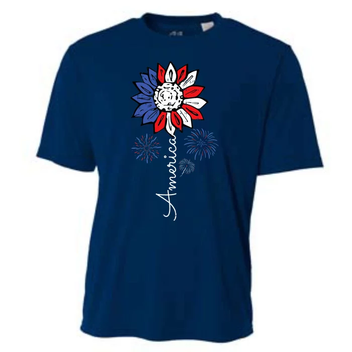 America Sunflower 4th Of July Independence Day Patriotic Cooling Performance Crew T-Shirt