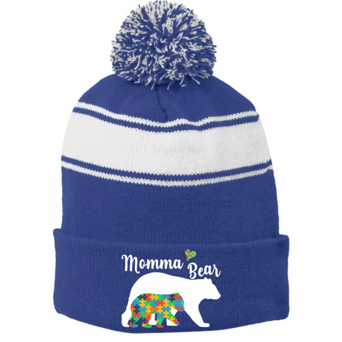 Autistic Support Autism Awareness Momma Bear Mother's Day Great Gift Stripe Pom Pom Beanie