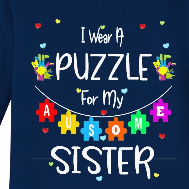 Autism Sister Awareness Gift Love Support Ribbon Tee Baby Long Sleeve Bodysuit