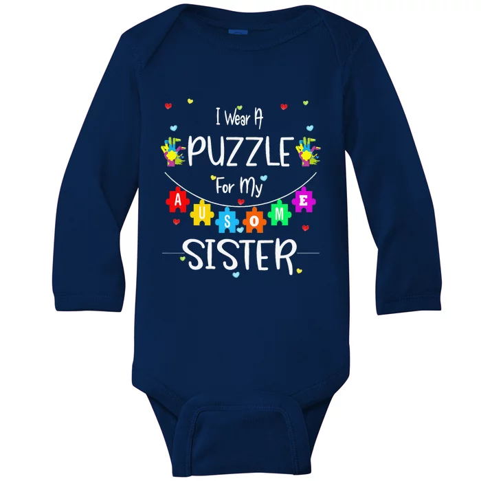 Autism Sister Awareness Gift Love Support Ribbon Tee Baby Long Sleeve Bodysuit