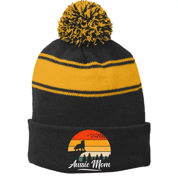 Australian Shepherd Aussie Mom Dog Sunset Retro Style Stripe Pom Pom Beanie